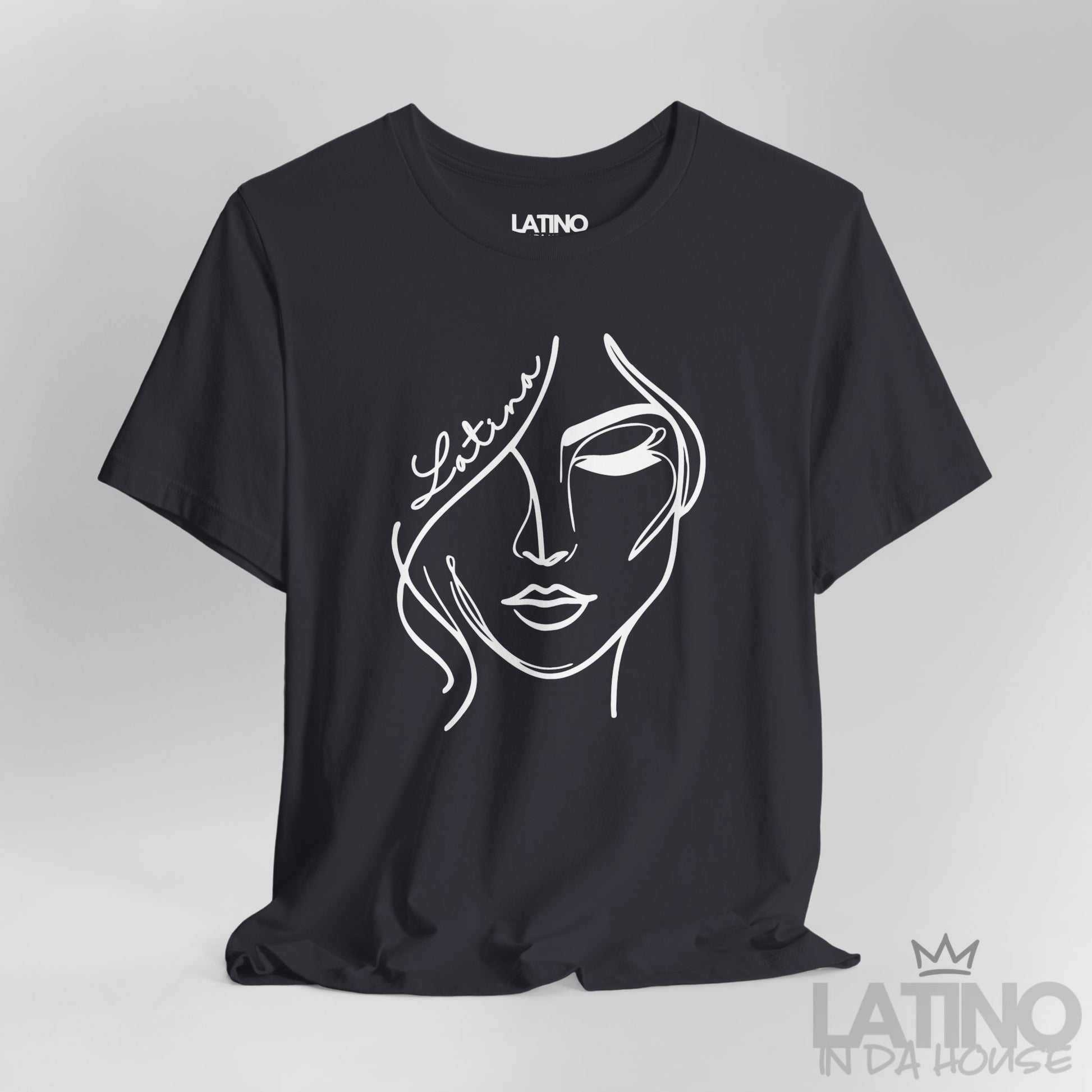 Close-up of “Latina” one-line face artwork on dark grey tee. Latino In Da House