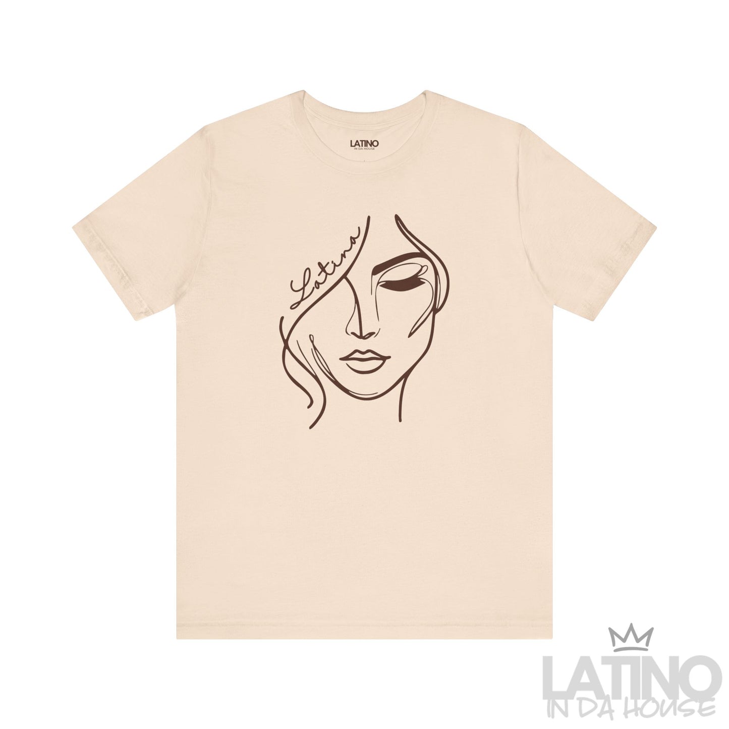 Soft Cream “Latina” line art face graphic T-shirt, front view. Latino In Da House