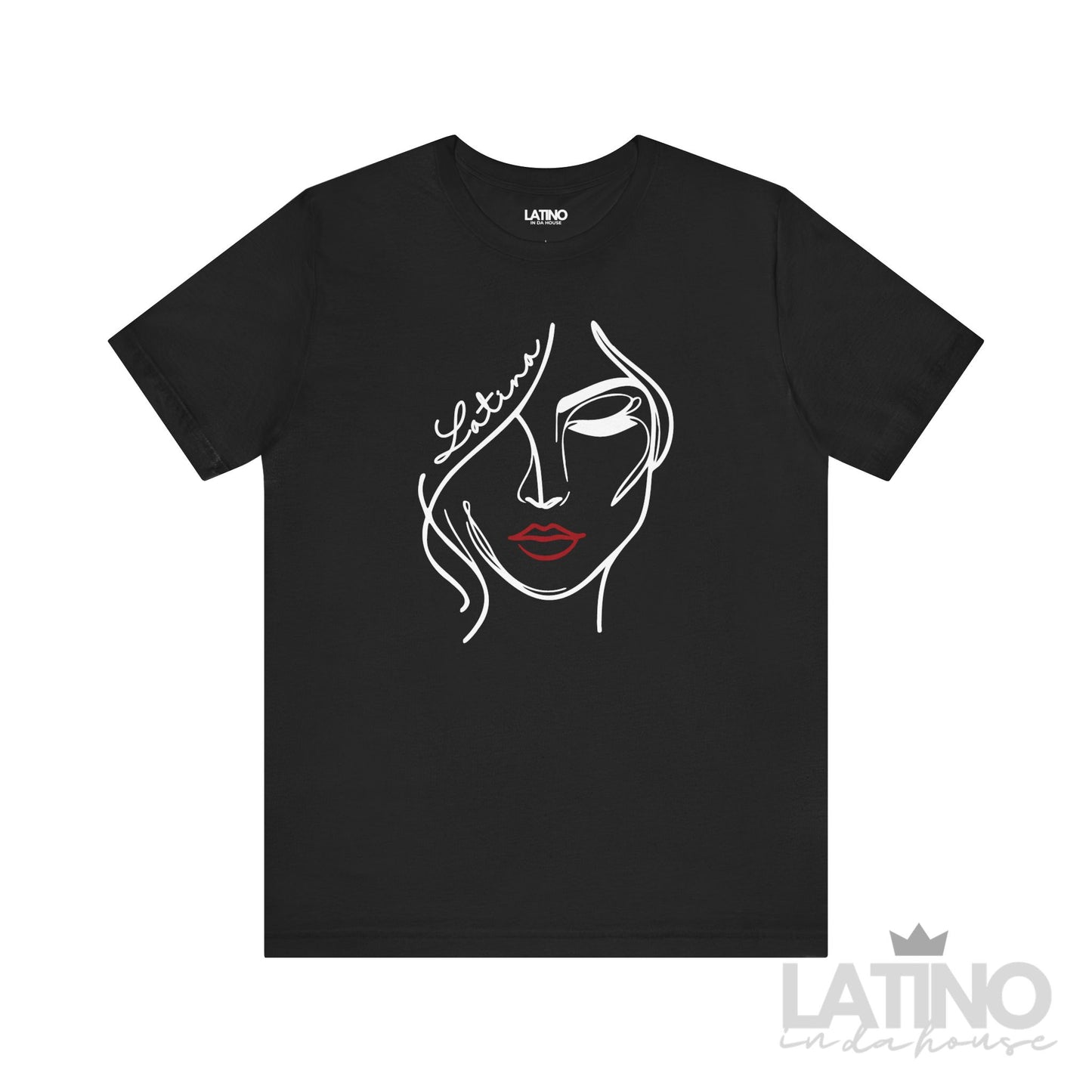 Latina line art face t-shirt in black with white and red accent face design - Latino In Da House