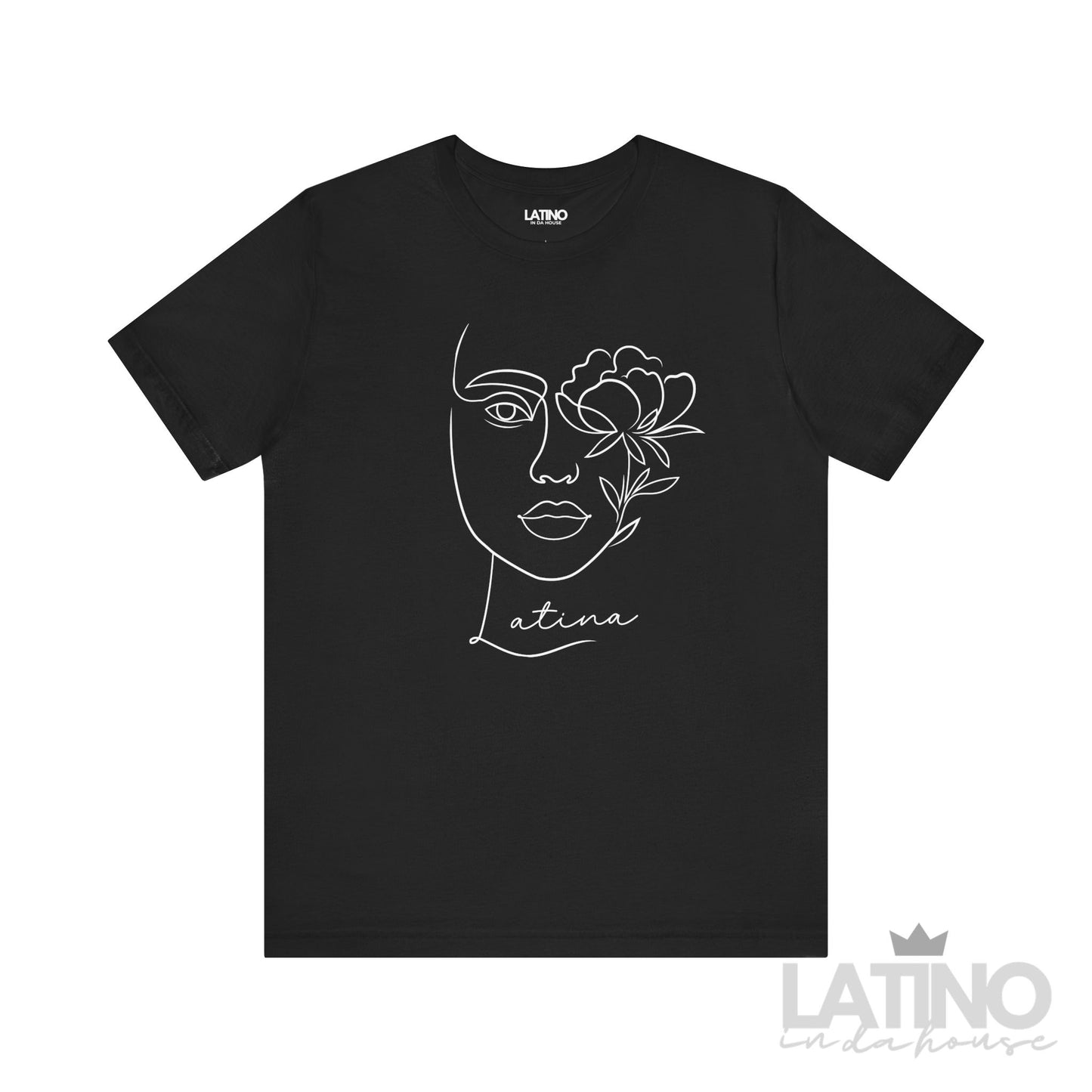Latina Line Art T-Shirt in black with elegant face and flower minimalist design LatinoInDaHouse