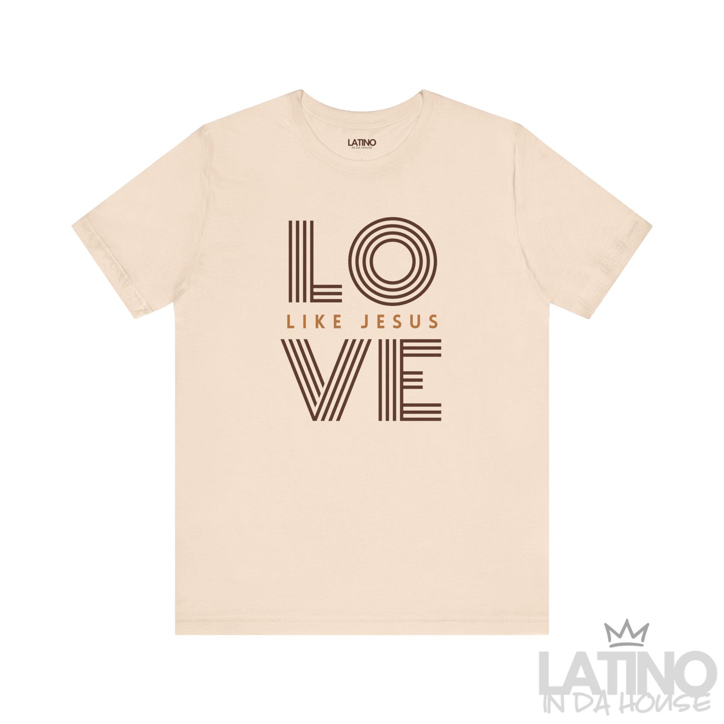 LOVE Like Jesus t-shirt in soft cream with brown retro typography. Latino In Da House