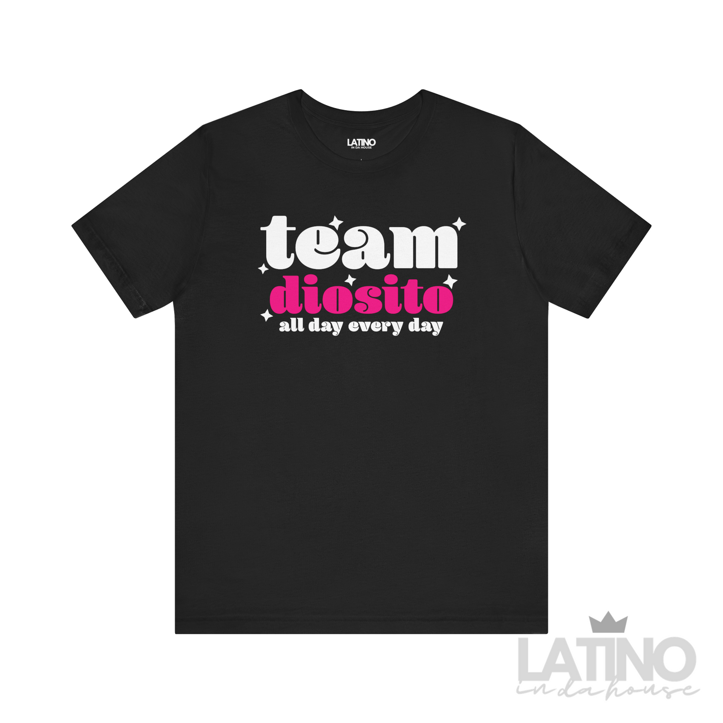Team Diosito Faith T-Shirt in black with bold pink and white text – Latino In Da House