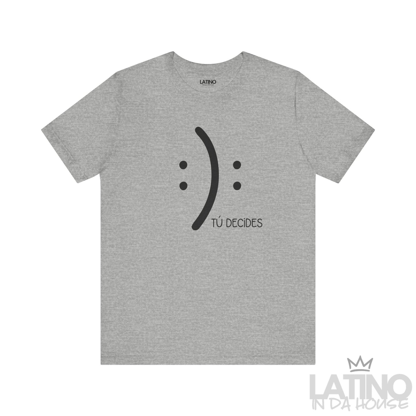 Tú Decides T-Shirt in heather purple with simple smile and frown graphic and text Tú Decides. Latino In Da House