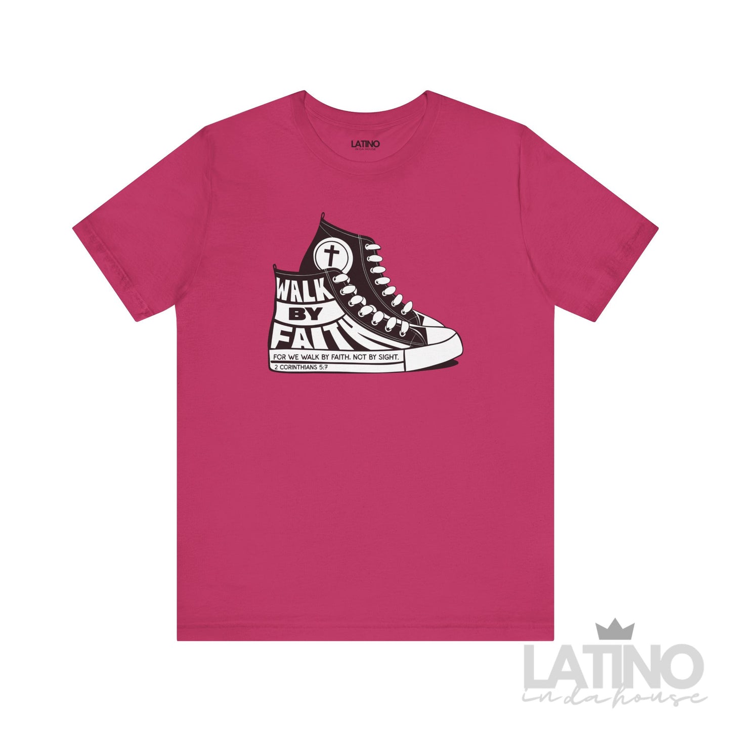 Berry color T-shirt featuring a black and white Converse-style sneaker graphic with the phrase “Walk By Faith” and Bible verse 2 Corinthians 5:7.