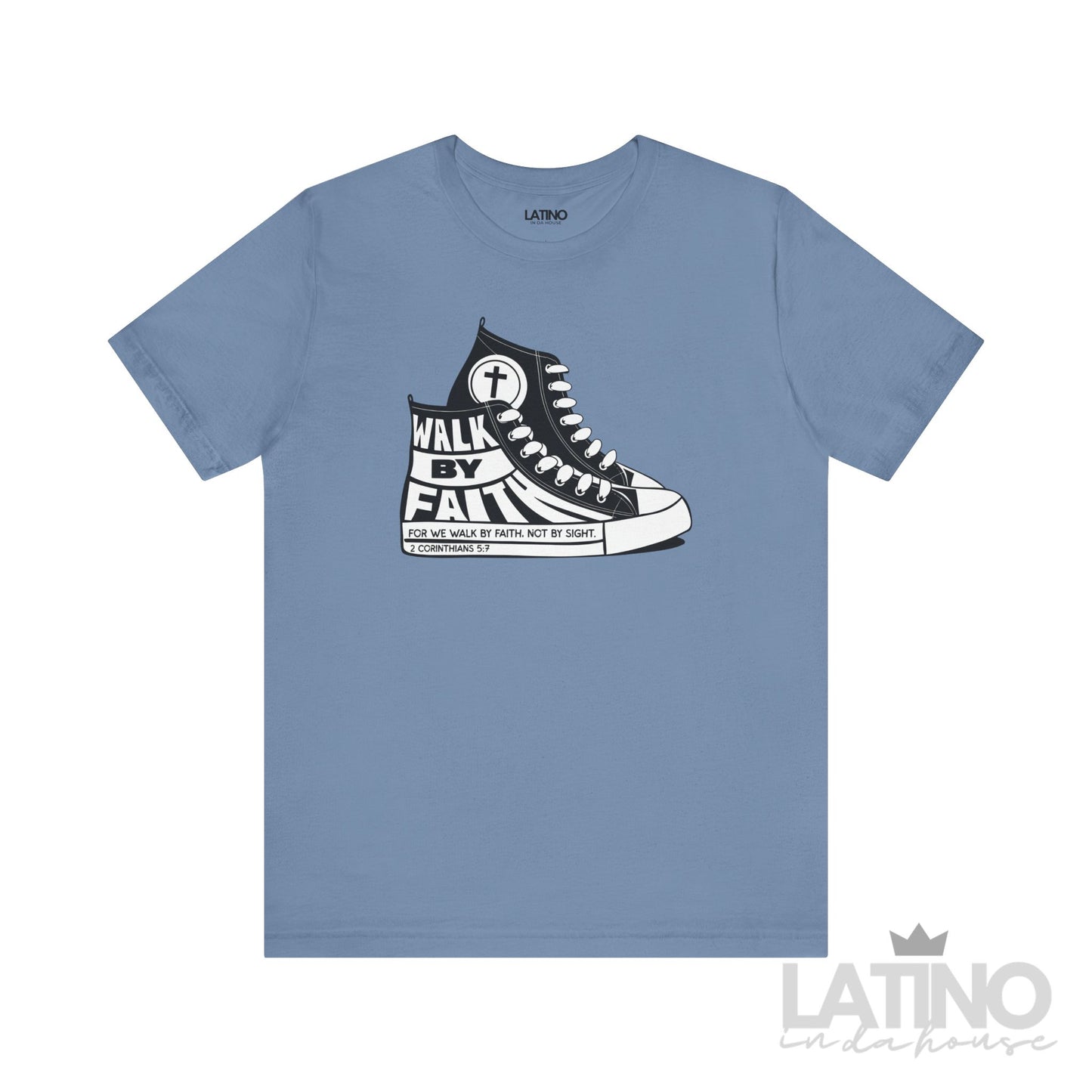 Steel blue T-shirt featuring a black and white Converse-style sneaker graphic with the phrase “Walk By Faith” and Bible verse 2 Corinthians 5:7.