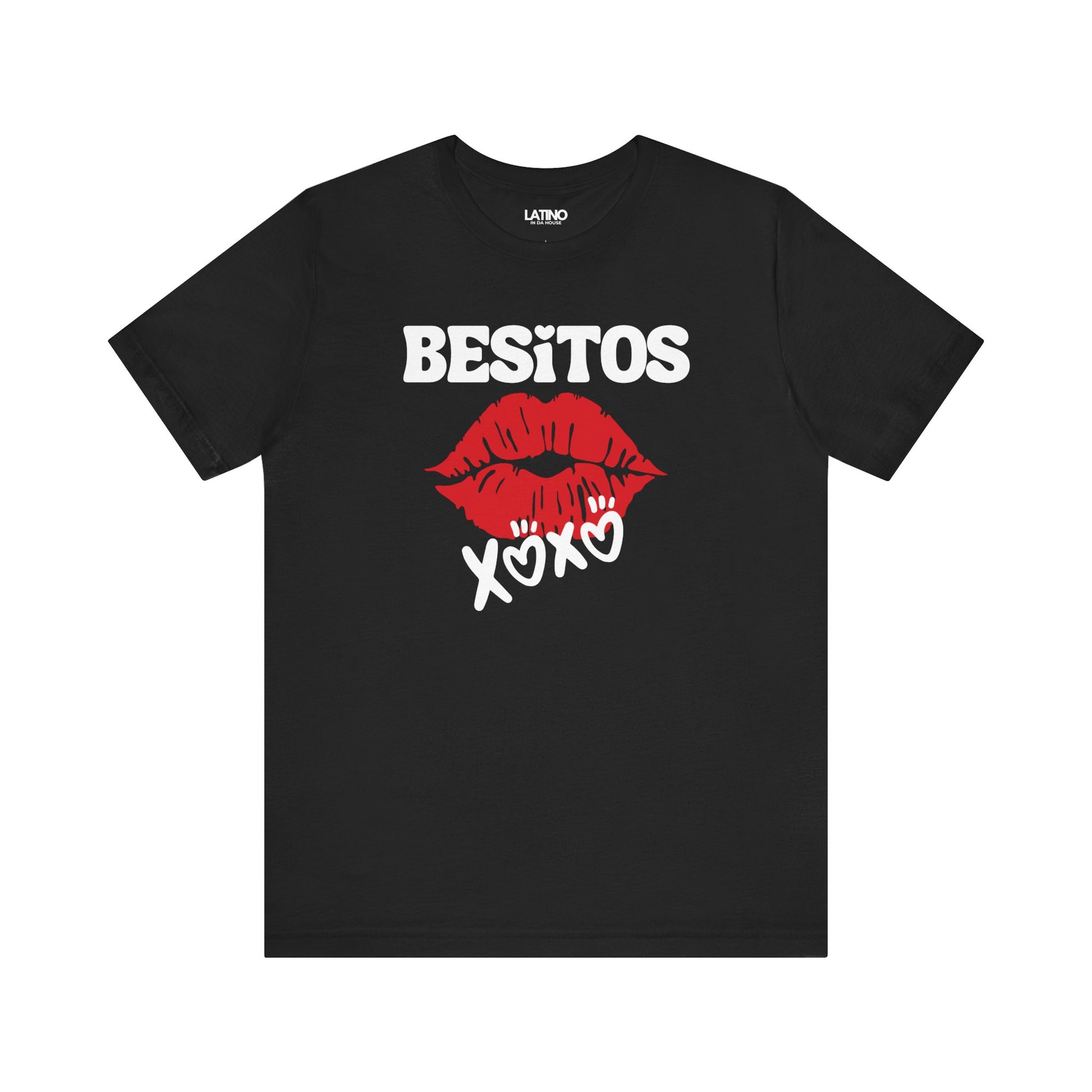 Black crew neck t-shirt with the text 'Besitos' and a red lip graphic, and the text 'XOXO' printed below.