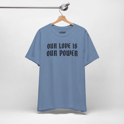 Blue t-shirt with text on a hanger against a white background