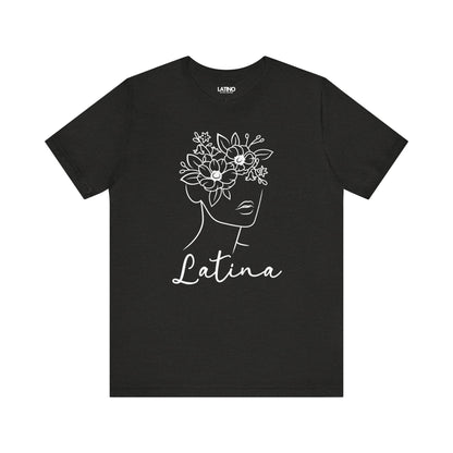 Black heather t-shirt with a graphic of a woman's face with flowers and the word 'Latina' written across the front.