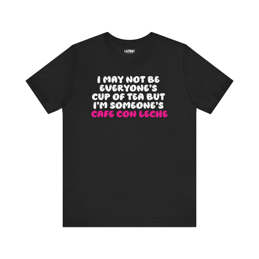 Black t-shirt with white and pink text on a black background cafe con leche