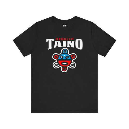Black t-shirt with 'Orgullo Taino' design on a white background