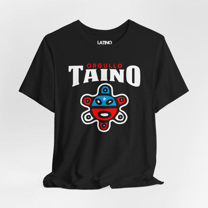 Black T-shirt with the words “Orgullo Taíno” and a colorful Taíno symbol in red, white, and blue representing Puerto Rican heritage.