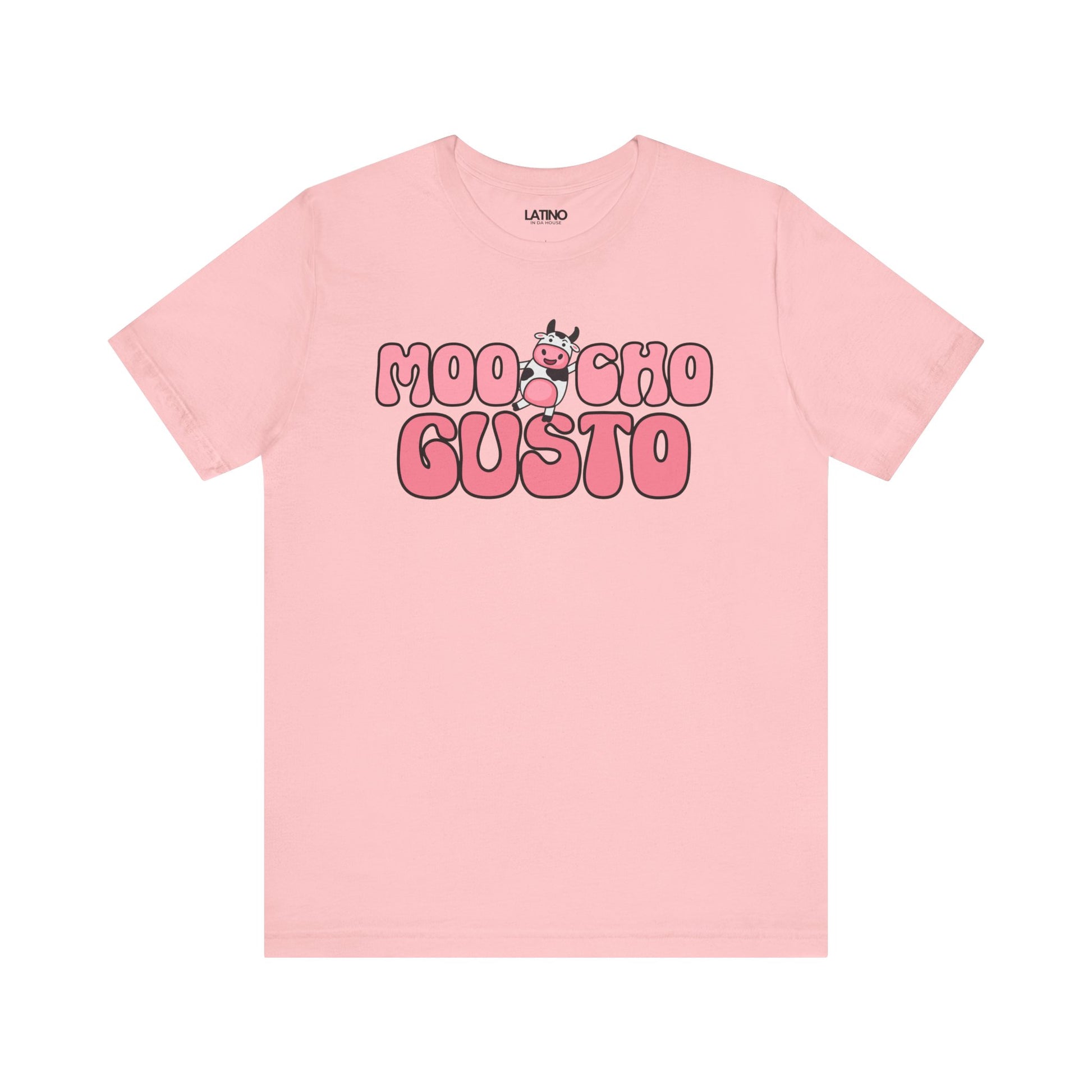 Pink t-shirt with 'Moo Cho Gusto' text and logo on a white background