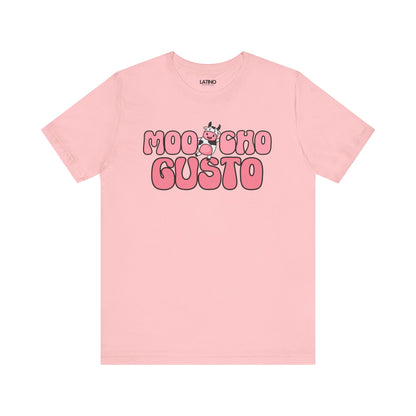 Pink t-shirt with 'Moo Cho Gusto' text and logo on a white background