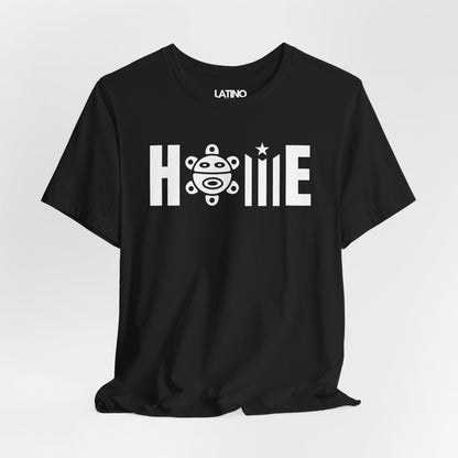 Black t-shirt with 'HOME' Taino Puerto Rico graphic design on a white background
