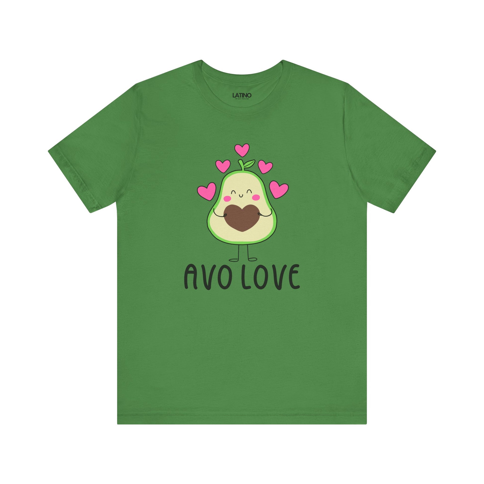 Green t-shirt with avocado graphic and 'AVO LOVE' text on a white background