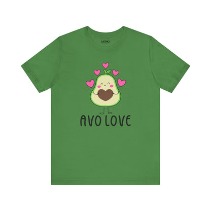 Green t-shirt with avocado graphic and 'AVO LOVE' text on a white background