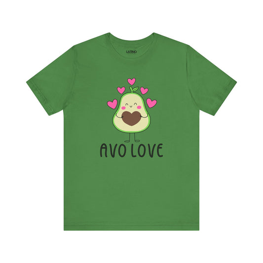 Green t-shirt with avocado graphic and 'AVO LOVE' text on a white background
