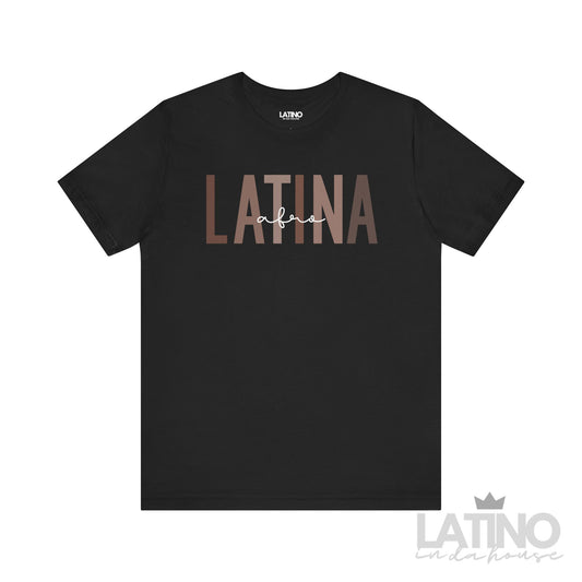 Afro Latina T-shirt in classic black with bold brown block text and white script accent, empowering Afro Latina identity.
Latino In Da House 