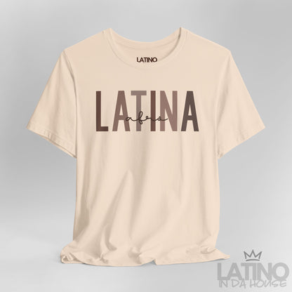 Close-up of Afro Latina T-Shirt design in bold brown text on soft cream cotton fabric. Latino In Da House 