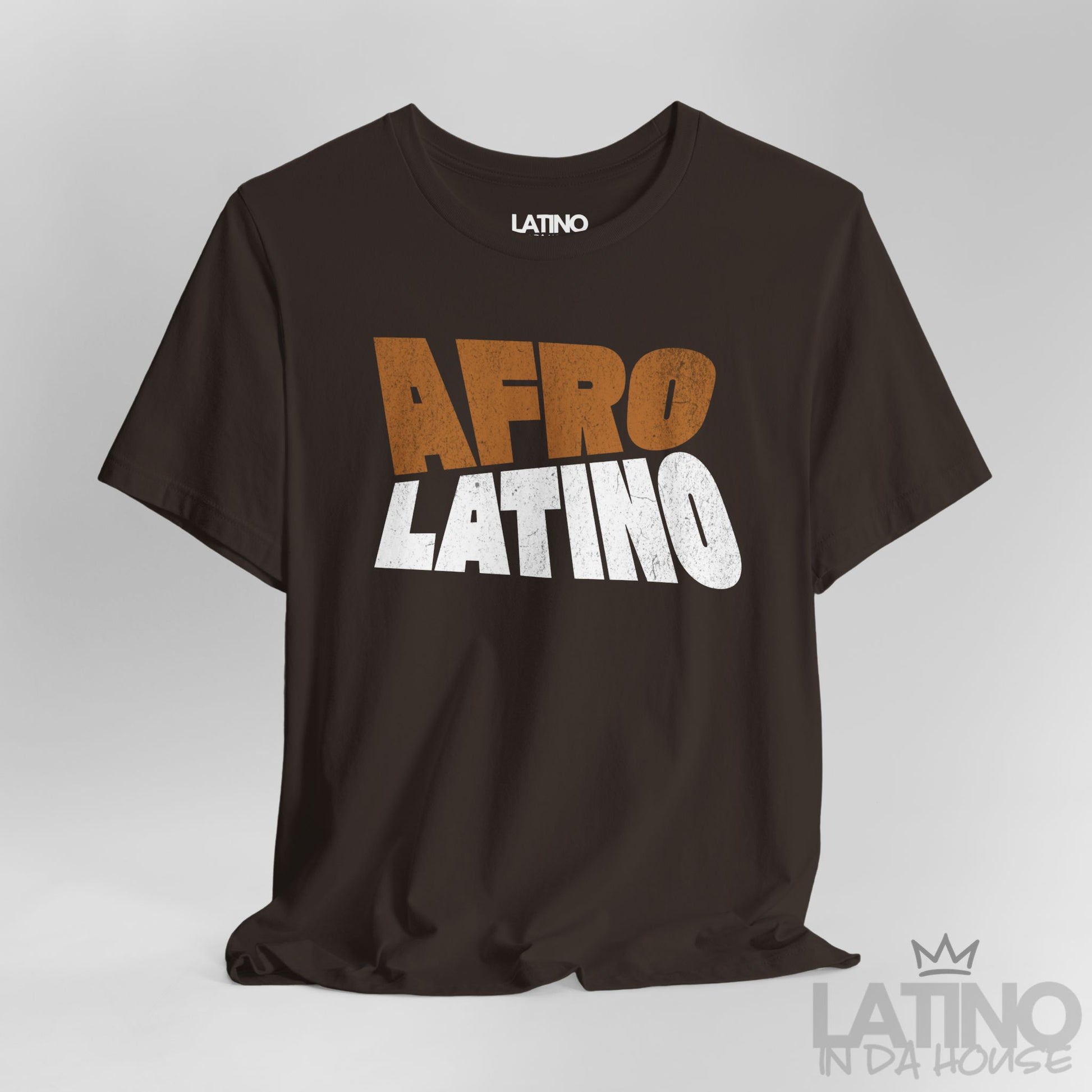 Close Up Brown Afro Latino T-Shirt with bold distressed text design. Latino In Da House