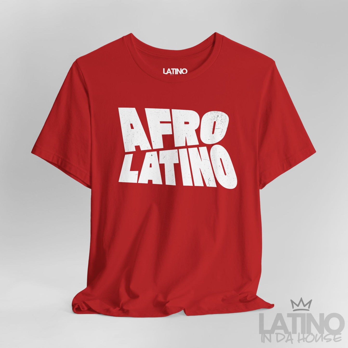 Close Up Red Afro Latino T-Shirt with bold distressed text design. Latino In Da House