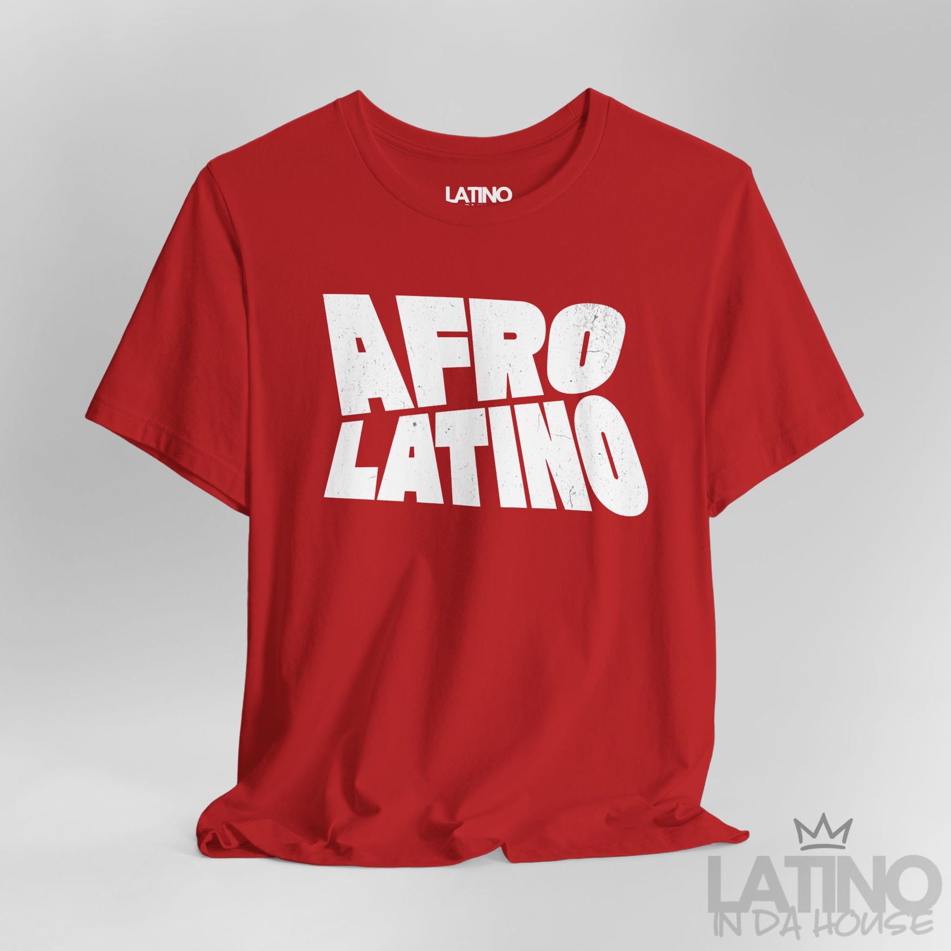 Close Up Red Afro Latino T-Shirt with bold distressed text design. Latino In Da House