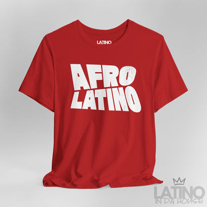 Close Up Red Afro Latino T-Shirt with bold distressed text design. Latino In Da House