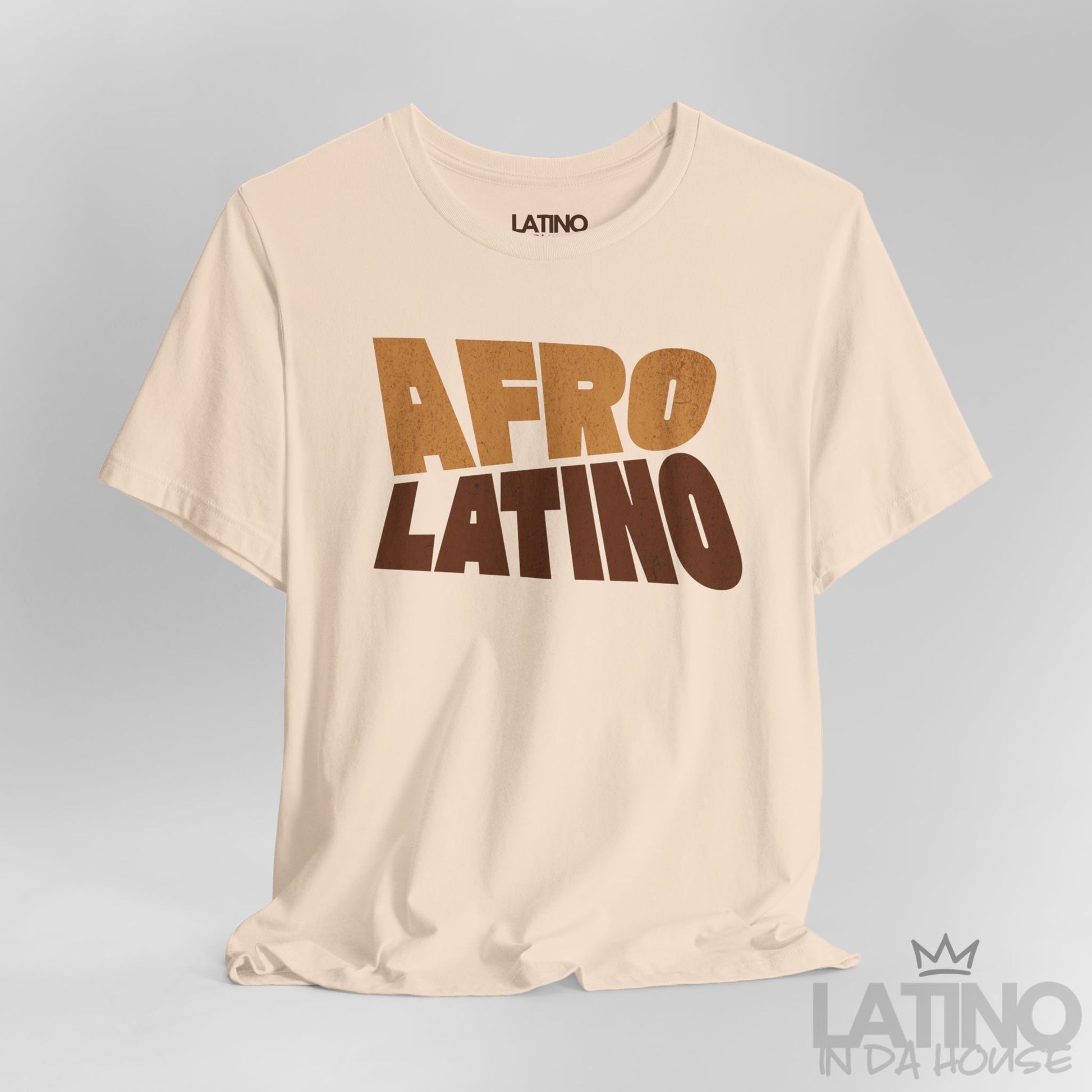 Close Up Soft Cream Afro Latino T-Shirt with bold distressed text design. Latino In Da House