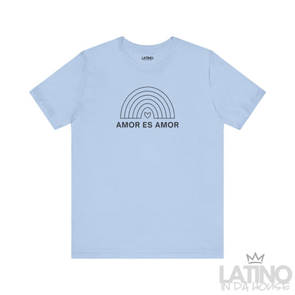 Baby blue Amor Es Amor T-shirt with simple rainbow outline design and heart center. Latino In Da House 