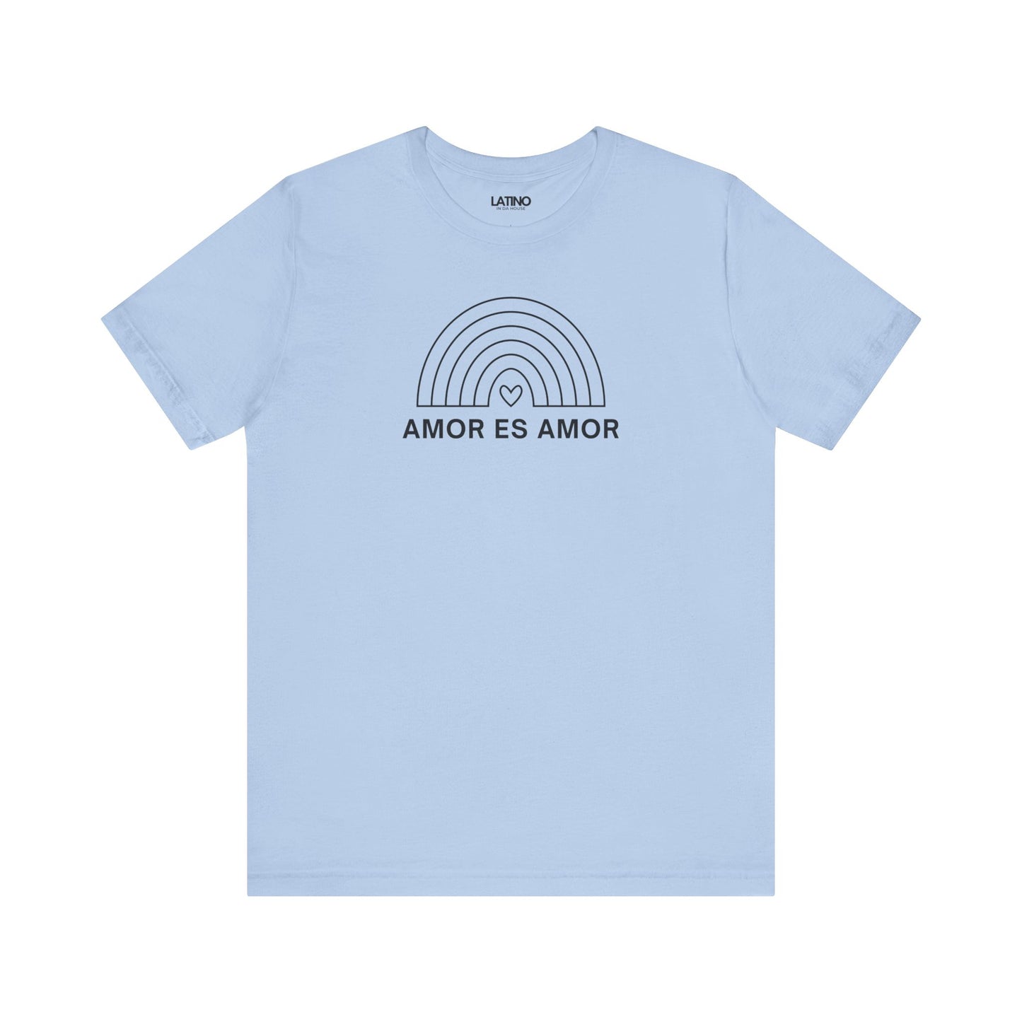 Baby blue Amor Es Amor T-shirt with simple rainbow outline design and heart center. Latino In Da House