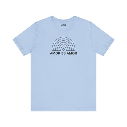 Baby blue Amor Es Amor T-shirt with simple rainbow outline design and heart center. Latino In Da House