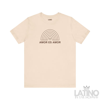 Soft cream Amor Es Amor T-shirt featuring rainbow line design and love is love message. Latino In Da House 