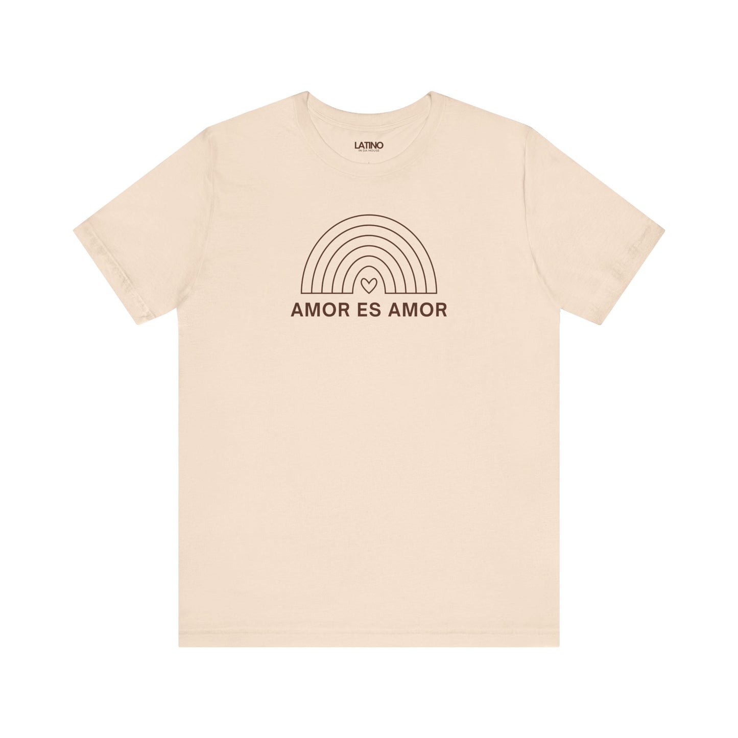 Soft cream Amor Es Amor T-shirt featuring rainbow line design and love is love message. Latino In Da House