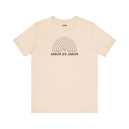 Soft cream Amor Es Amor T-shirt featuring rainbow line design and love is love message. Latino In Da House