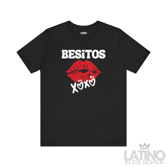 Black Besitos XOXO T-Shirt with red lips and bold Latino design. Latino In Da House 