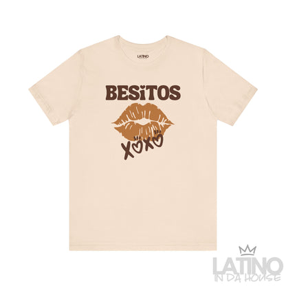 Soft cream Besitos XOXO T-Shirt with brown lips and bold Latino design. Latino In Da House 