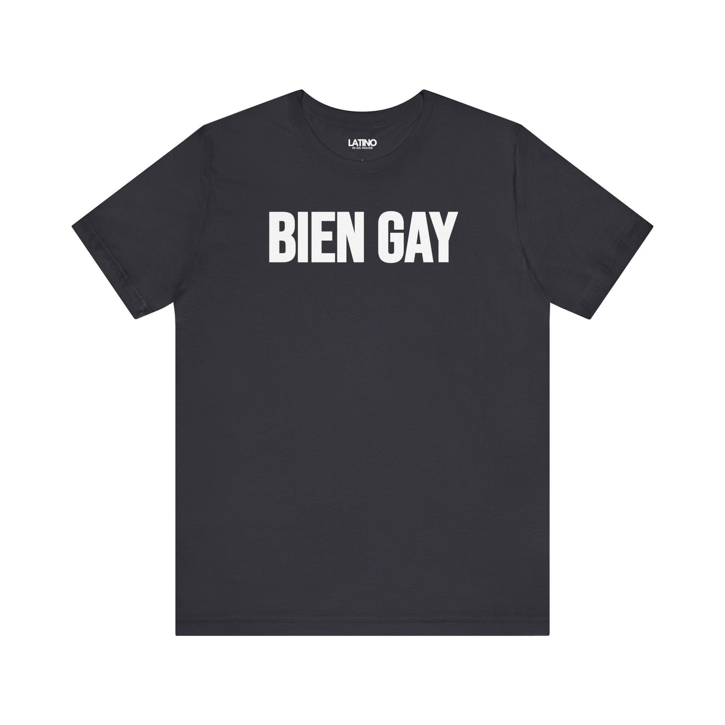 Bold, minimalist BIEN GAY dark grey t-shirt makes a clean statement. Latino In Da House