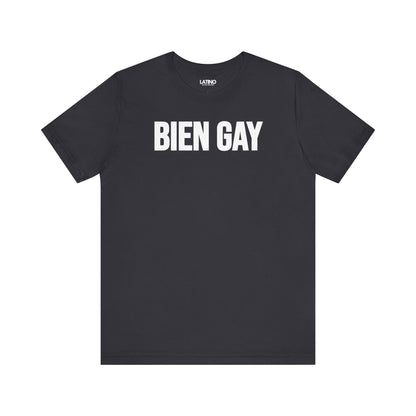 Bold, minimalist BIEN GAY dark grey t-shirt makes a clean statement. Latino In Da House