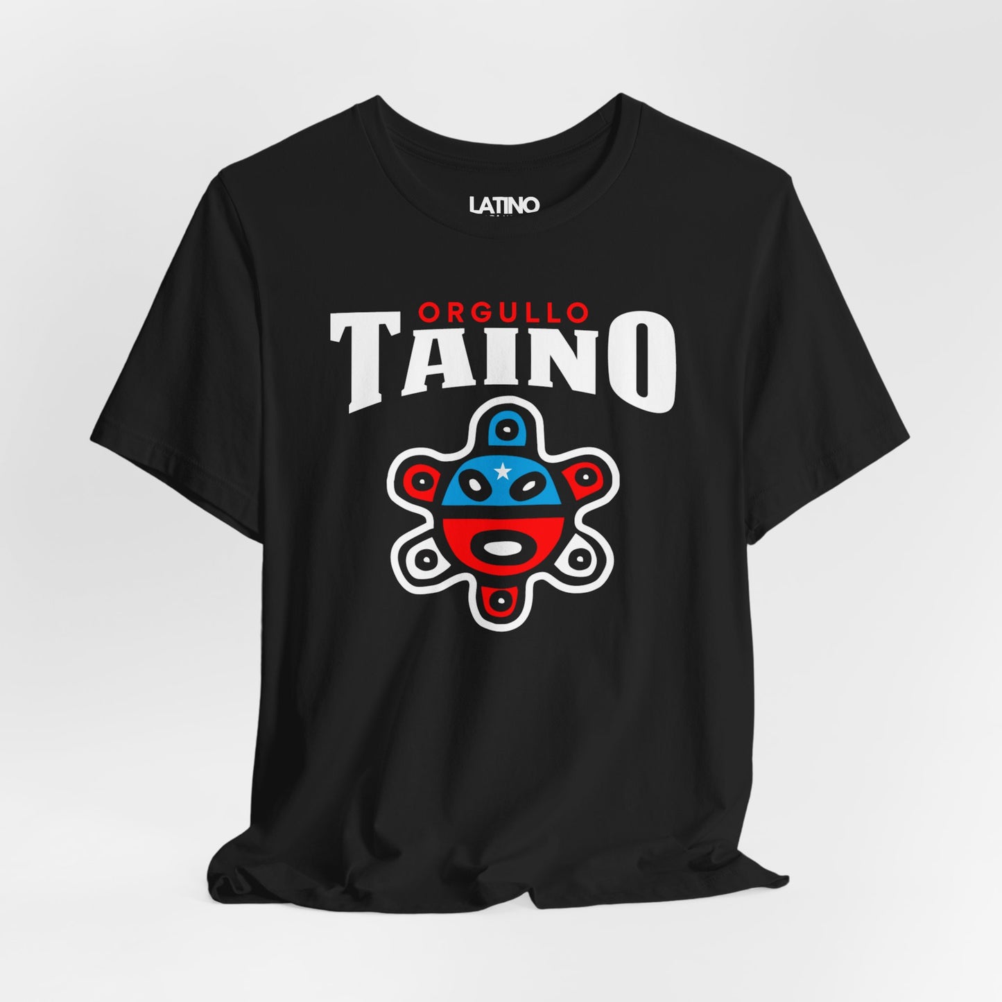 Close-up of Taino symbol graphic on
Orgullo Taino tee in Black. Latino In Da
House