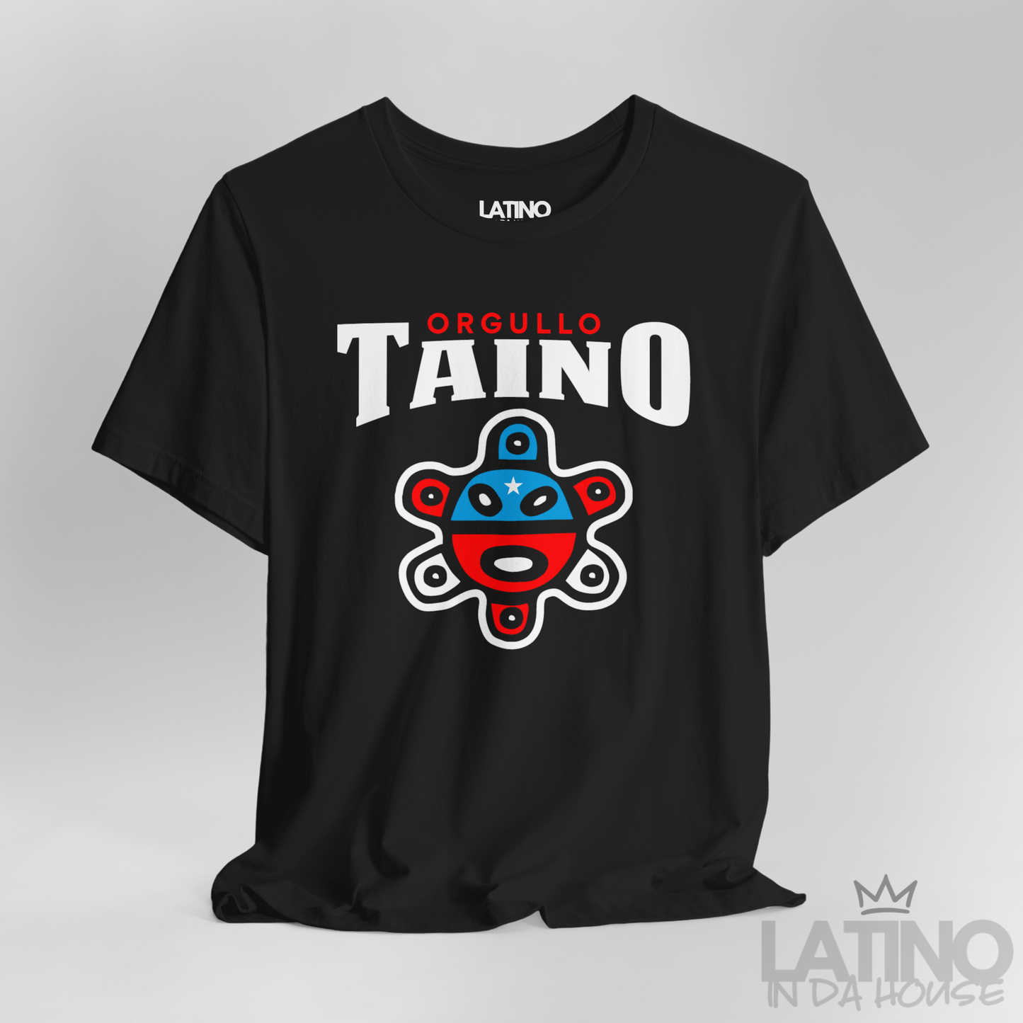 Close-up of Taíno symbol graphic on Orgullo Taíno tee in Black. Latino In Da House 