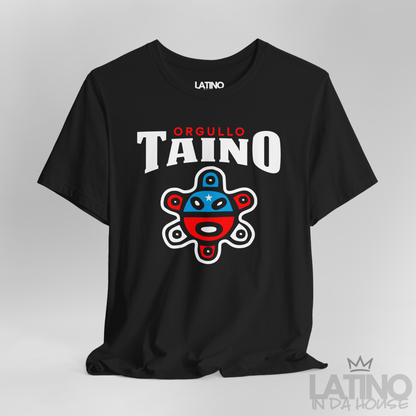 Close-up of Taíno symbol graphic on Orgullo Taíno tee in Black. Latino In Da House 