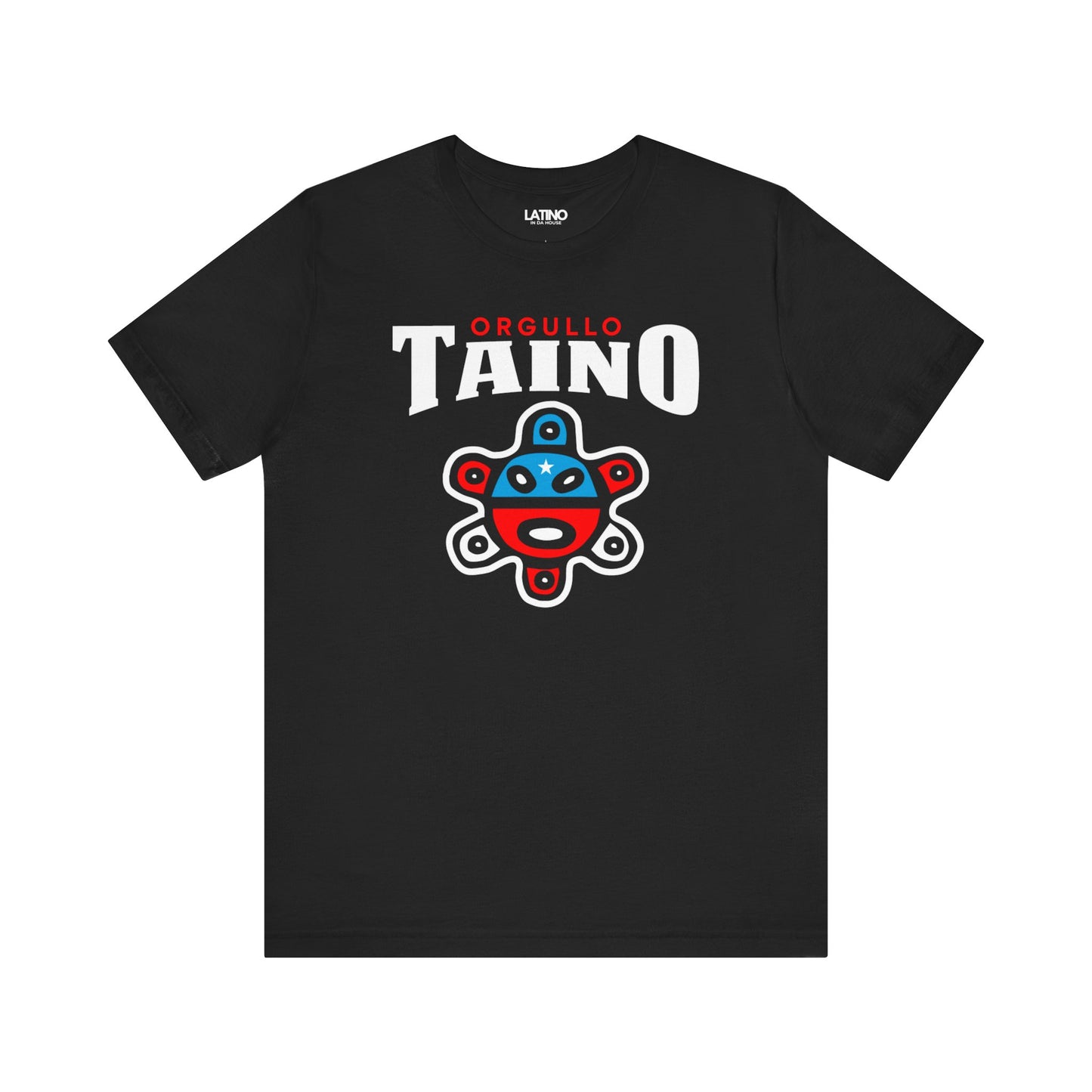 Orgullo Taíno T-Shirt in Black - front hero with red, blue, white Taíno symbol. Latino In Da House