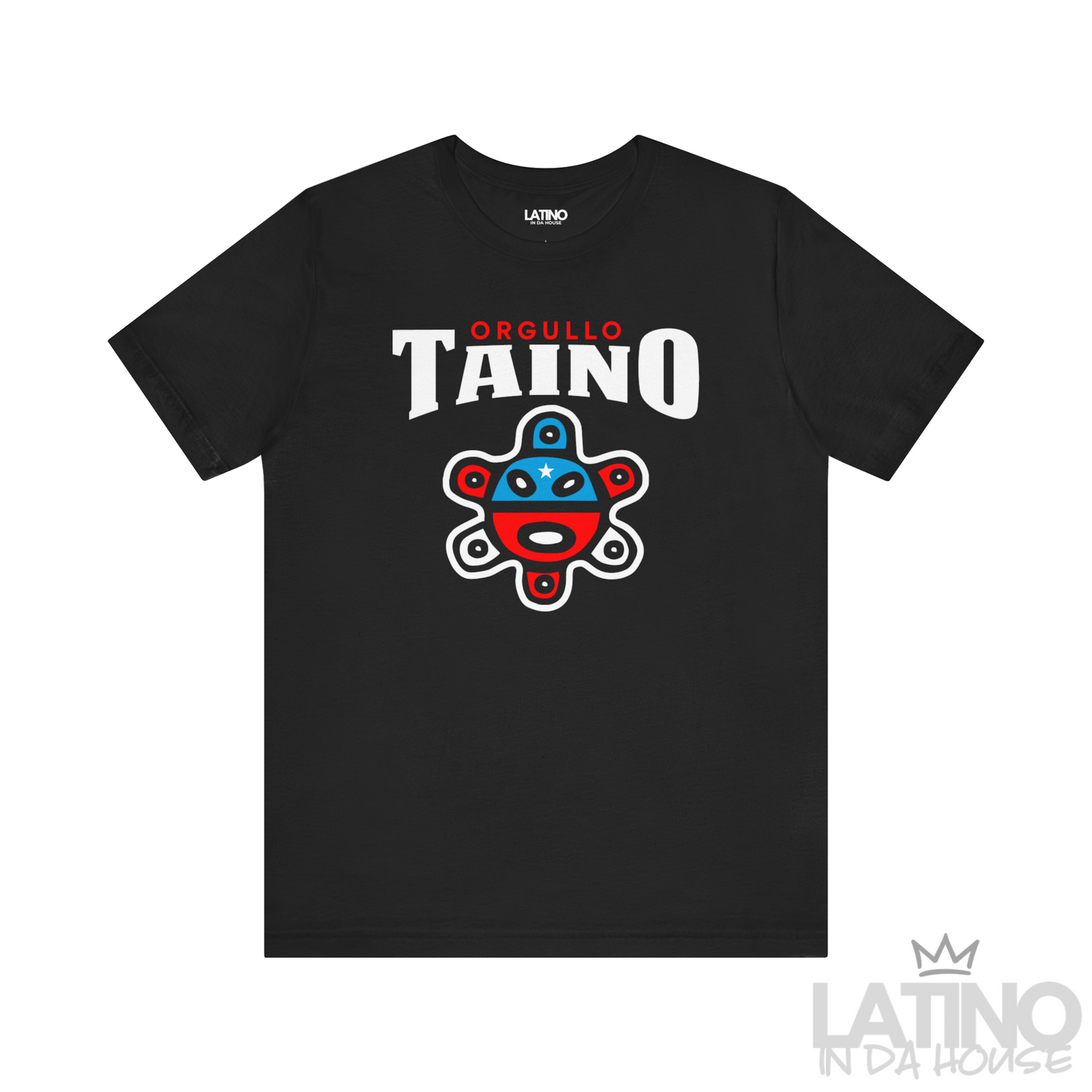 Orgullo Taíno T-Shirt in Black — front hero with red, blue, white Taíno symbol. Latino In Da House