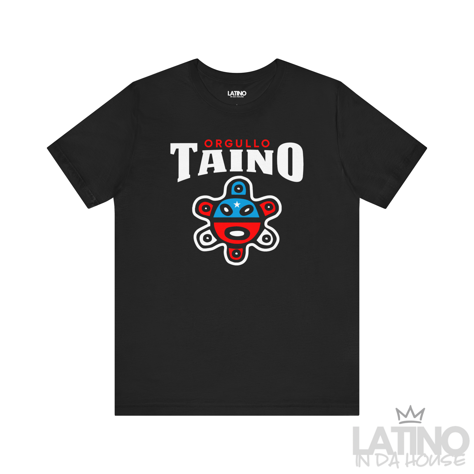 Orgullo Taíno T-Shirt in Black — front hero with red, blue, white Taíno symbol. Latino In Da House