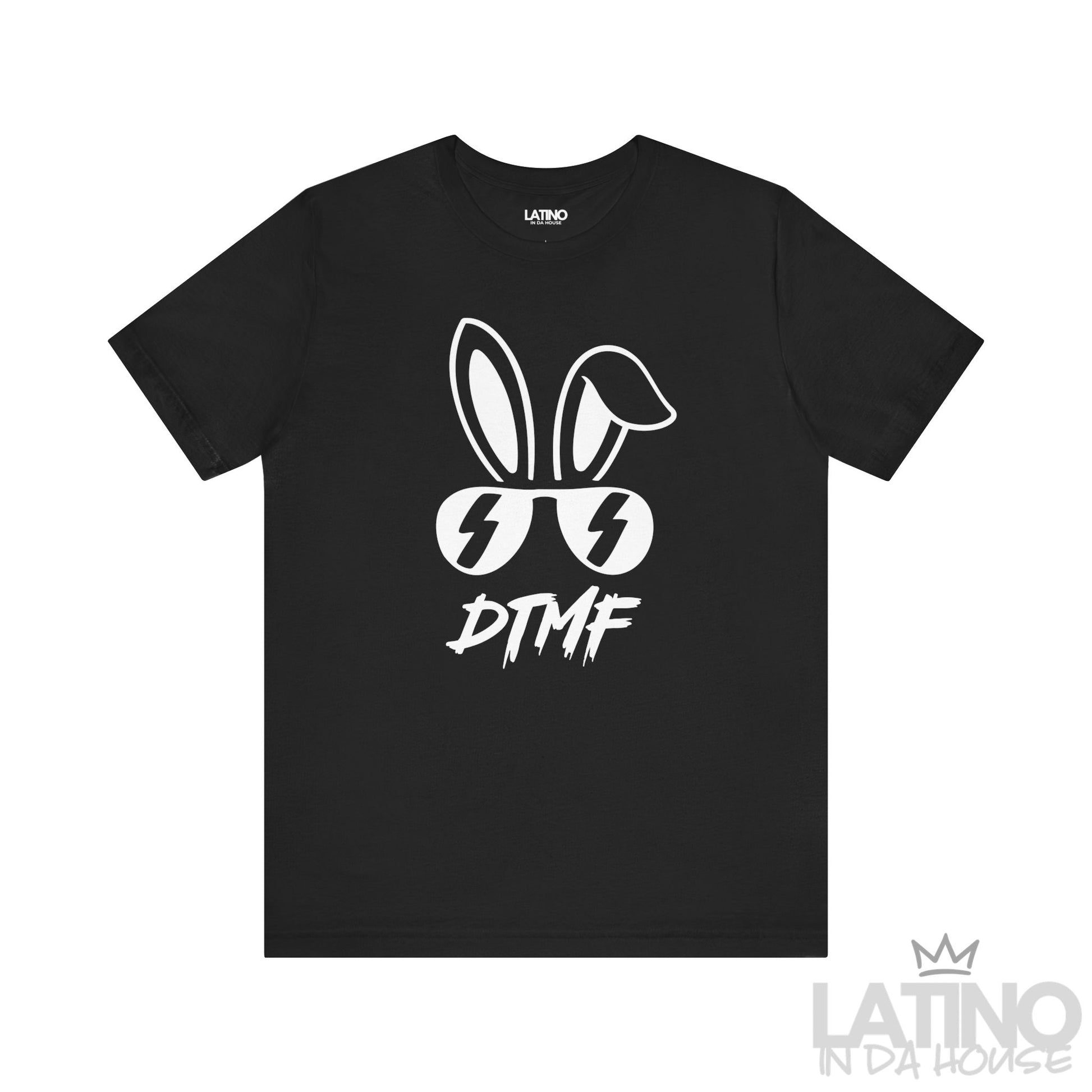 Black DTMF T-Shirt featuring bold bunny ears and lightning sunglasses design – Latino In Da House