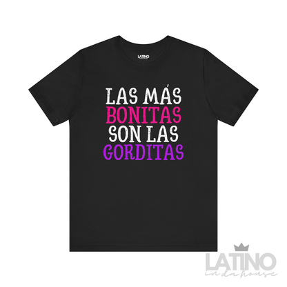 Black t-shirt with "Las Más Bonitas Son Las Gorditas" in white, pink and purple – Latina body positive tee Latino In Da House 