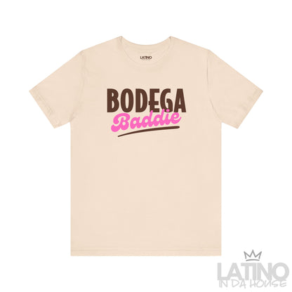 Bodega Baddie T-Shirt in soft cream with bold brown and pink text design – Latino In Da House