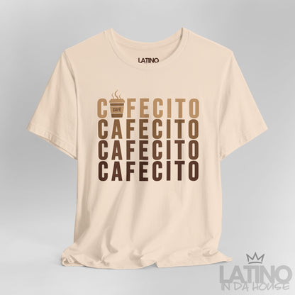 Close up of Cafecito Repeat T-Shirt in soft cream with café cup design