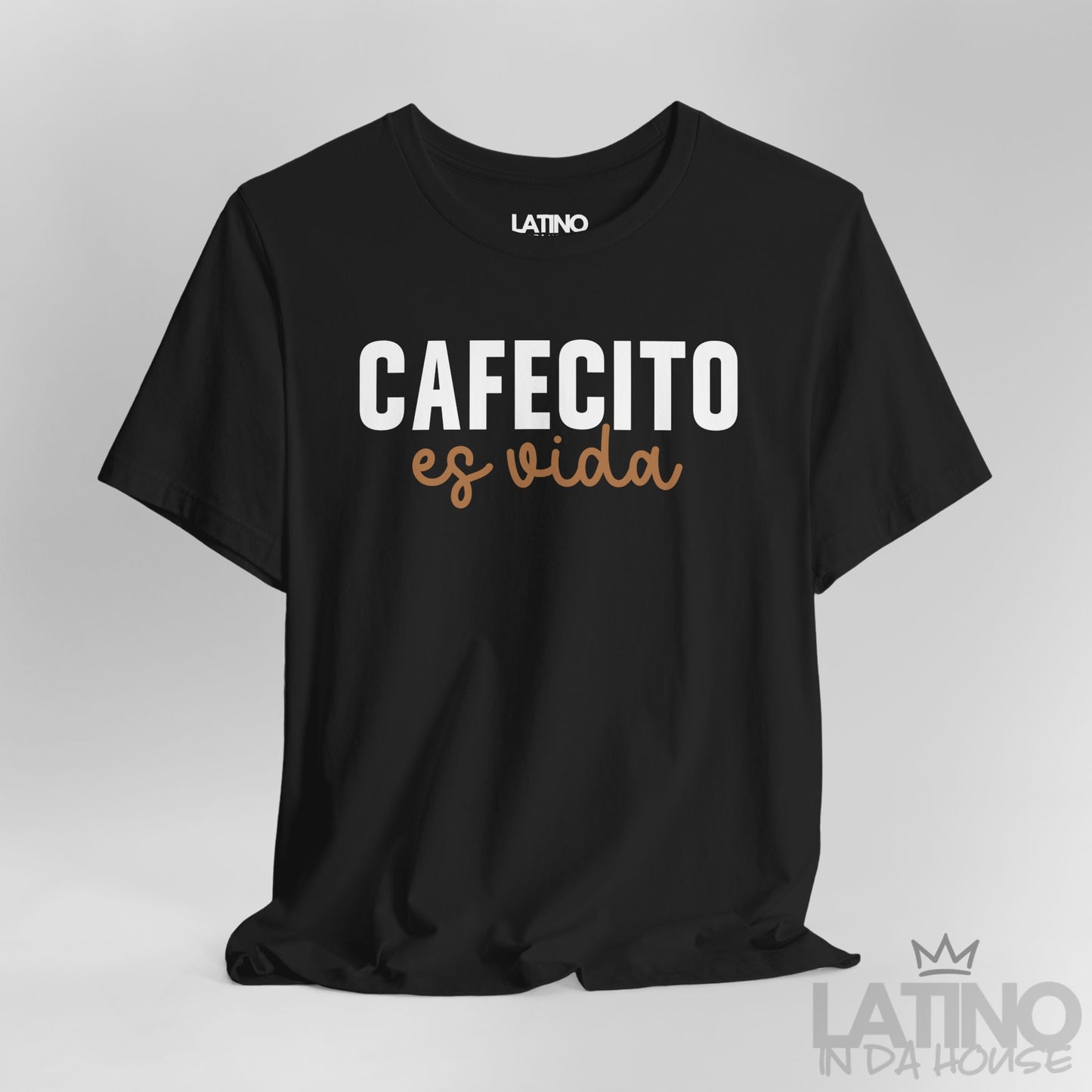 Close up view of Cafecito Es Vida design on black shirt. Latino In Da House 