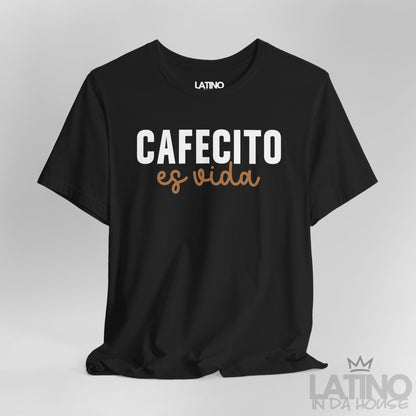 Close up view of Cafecito Es Vida design on black shirt. Latino In Da House 
